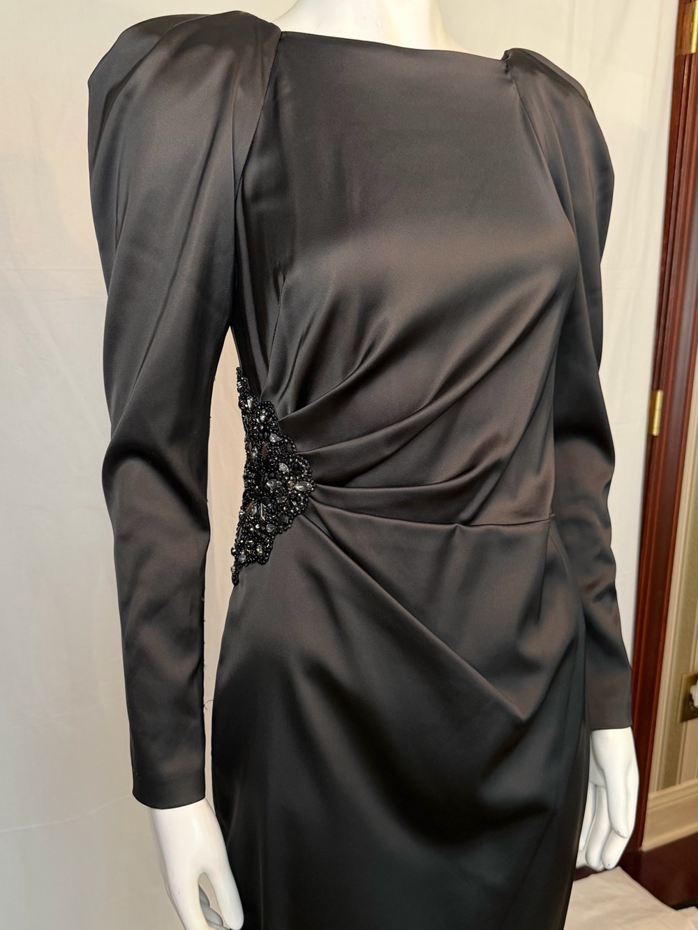 David Meister Black Satin Long-Sleeve Sheath Dress with Draped Waist - Picture 4 of 7
